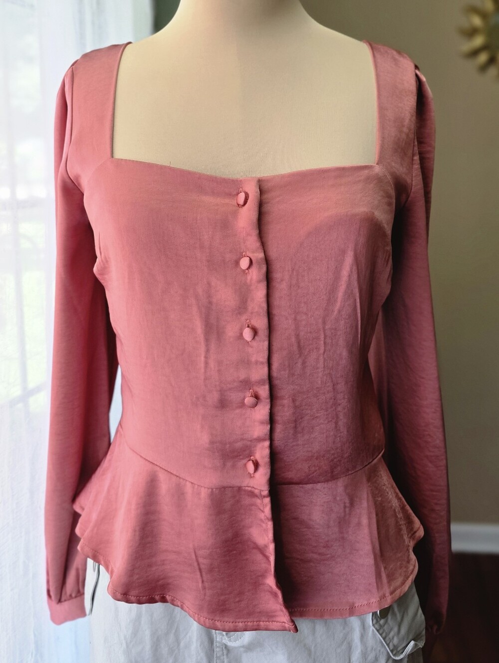 Dusty Rose Satin Peplum Top L Square Neck Puff Sleeve Button Front Line & Dot